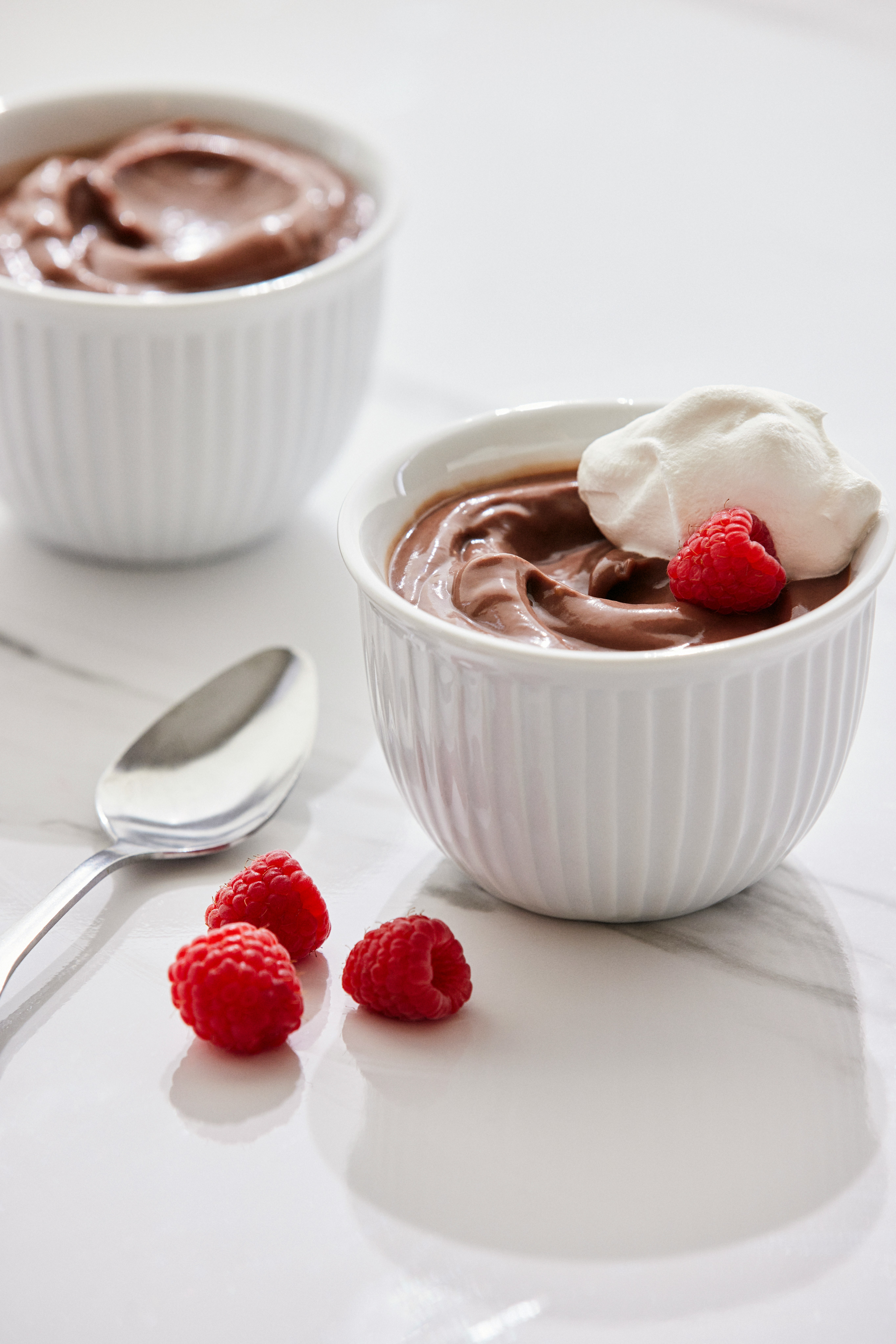 Chocolate pudding with raspberries
