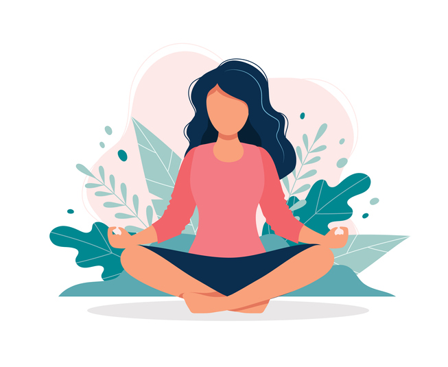 Woman meditating in nature and leaves. Concept illustration for yoga,  meditation, relax, recreation, healthy lifestyle. Vector illustration in  flat cartoon style - Vegan Action