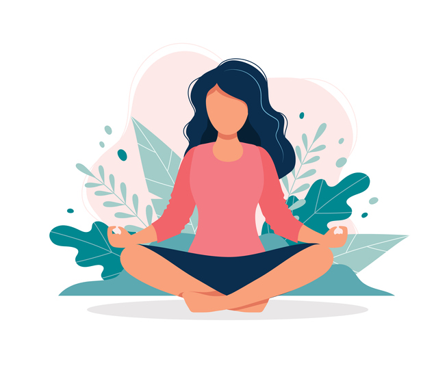 Woman meditating in nature and leaves. Concept illustration for yoga