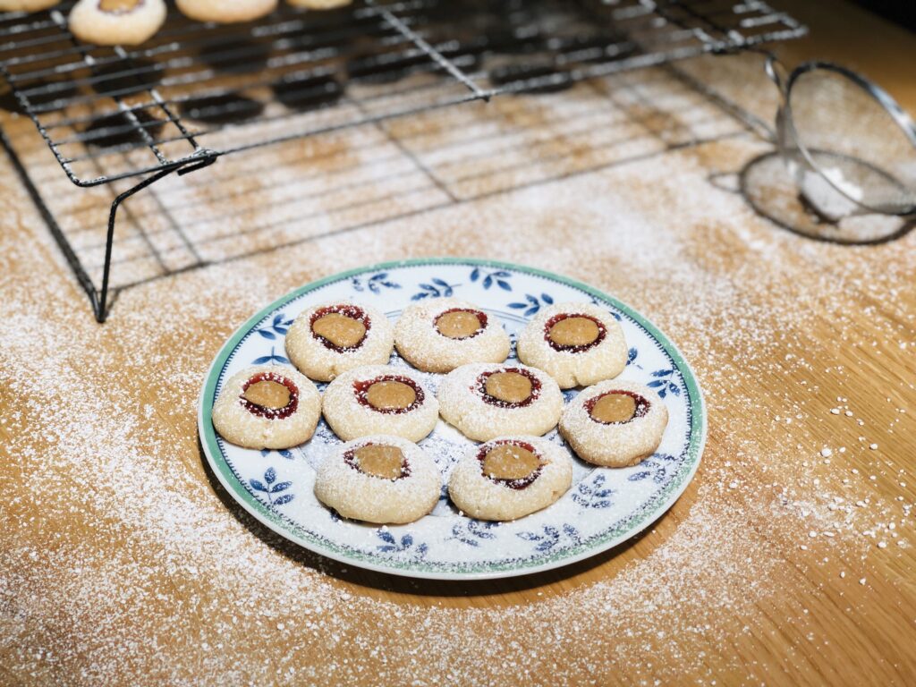 Shortbread cookies topped with peanut butter and jelly