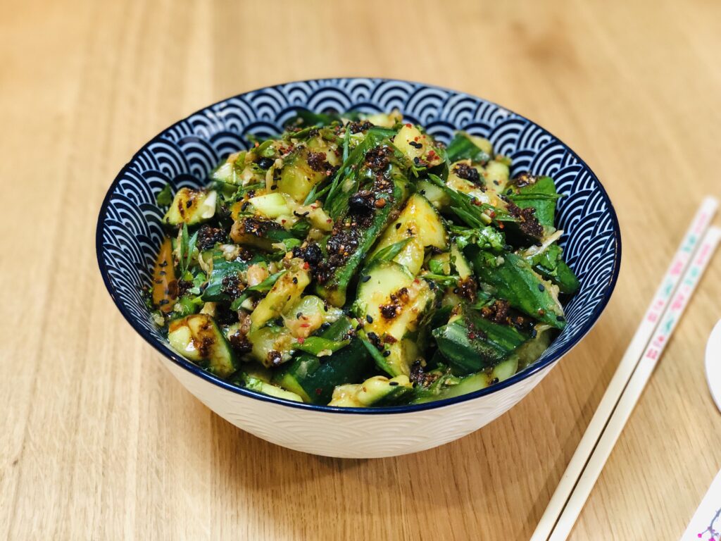 Smashed cucumbers in a spicy sauce