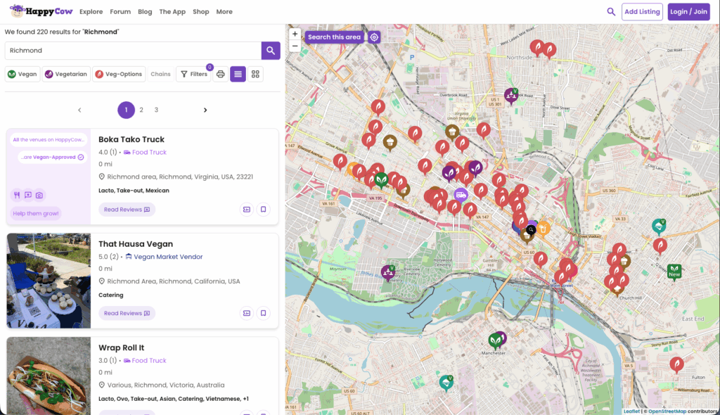 Happy Cow Search Page - Richmond, VA